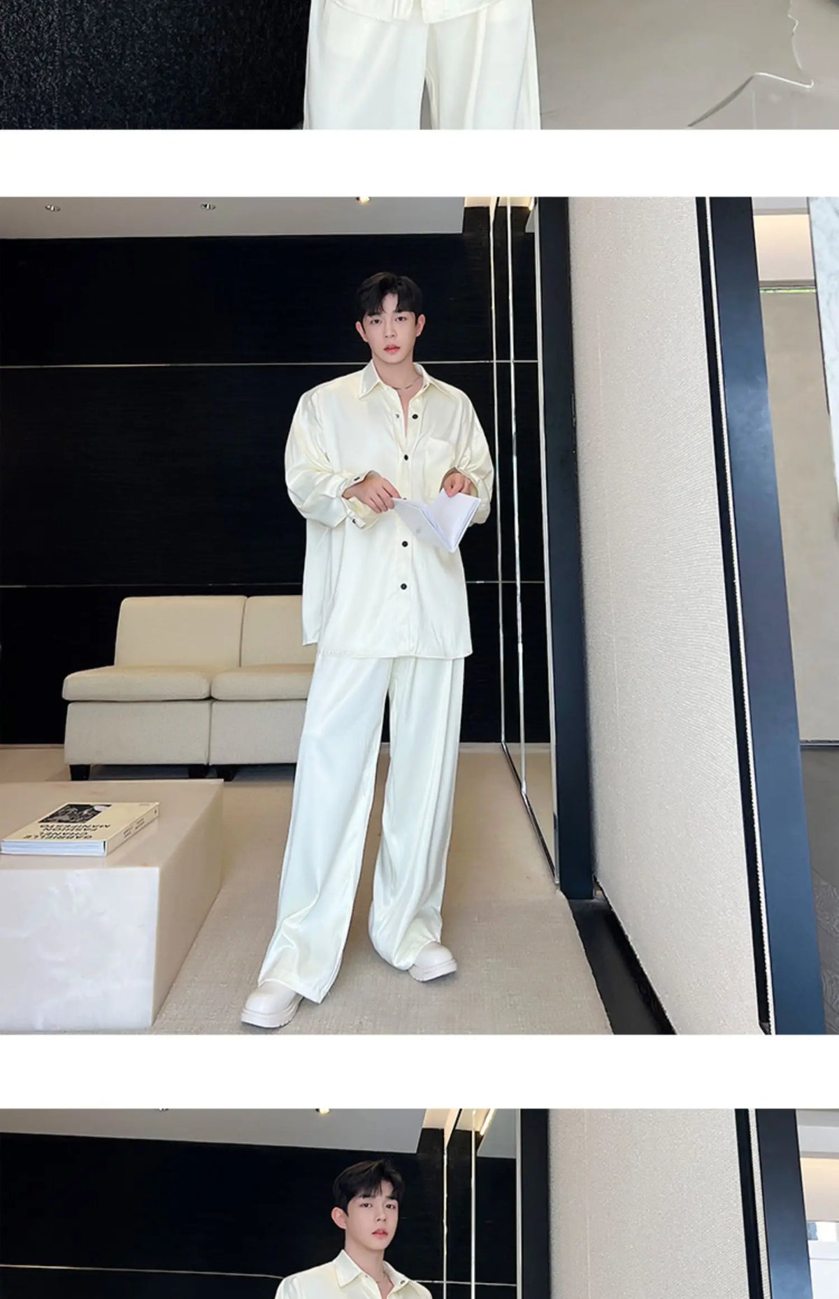 men silk style streetwear fashion loose casual long sleeve shirts pants 2 pieces sets male vintage suits blouses trousers unique default style 2750