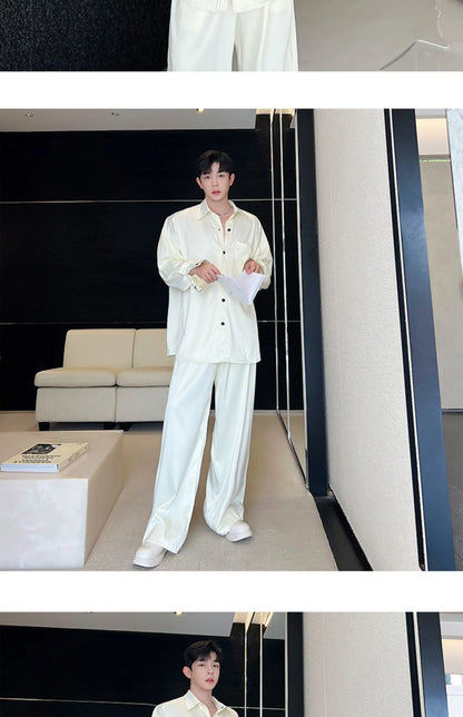 men silk style streetwear fashion loose casual long sleeve shirts pants 2 pieces sets male vintage suits blouses trousers unique default style 2750