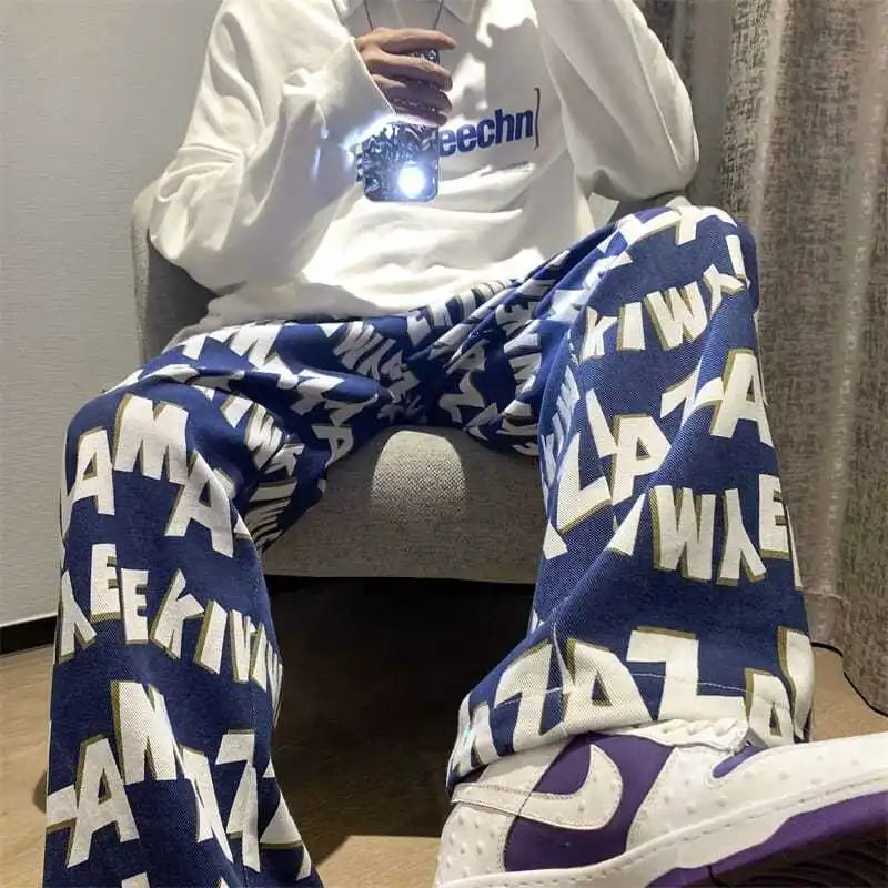 Letter wide-leg pants for men and women in autumn and winter plus velvet high-waisted loose long and short straight pants tops Street King Limited