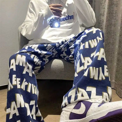 Letter wide-leg pants for men and women in autumn and winter plus velvet high-waisted loose long and short straight pants tops Street King Limited