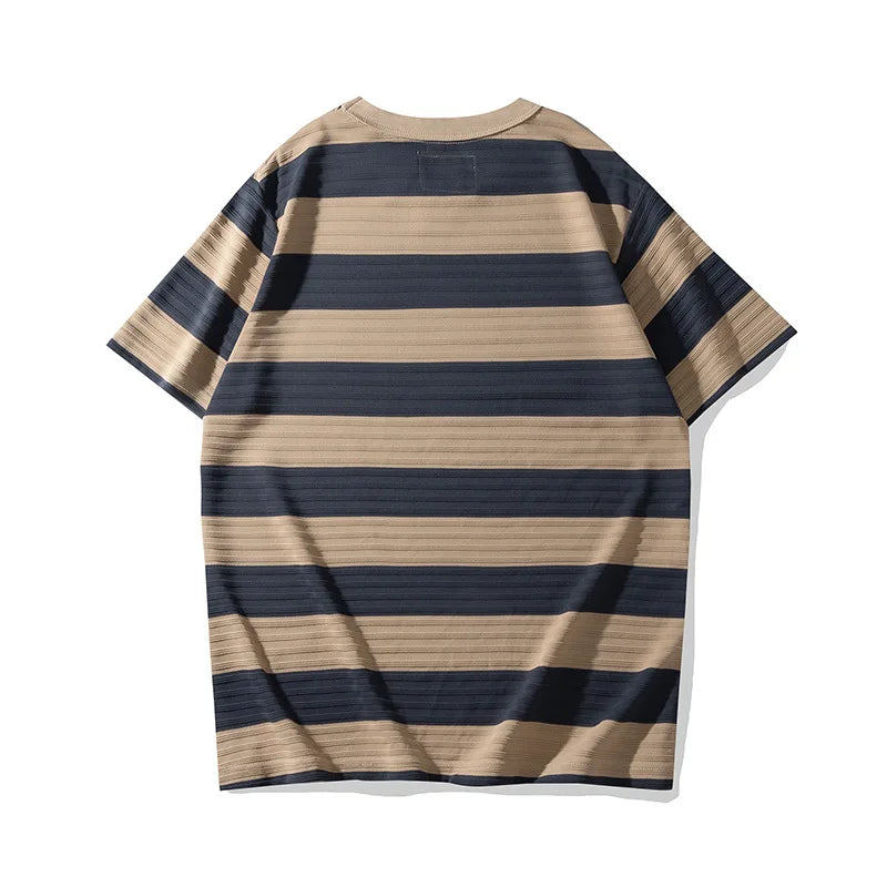 Men's Dark Wide Striped Short Sleeve Tees, Casual Tops, Round Neck, Thick, 100% Cotton, New, Summer Street King Limited