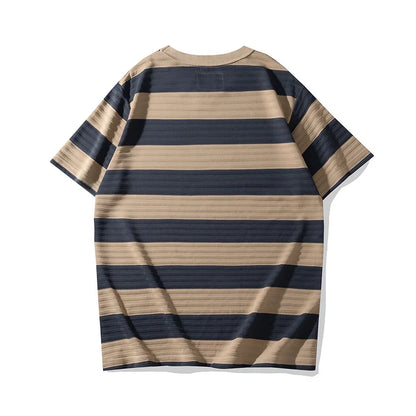 Men's Dark Wide Striped Short Sleeve Tees, Casual Tops, Round Neck, Thick, 100% Cotton, New, Summer Street King Limited