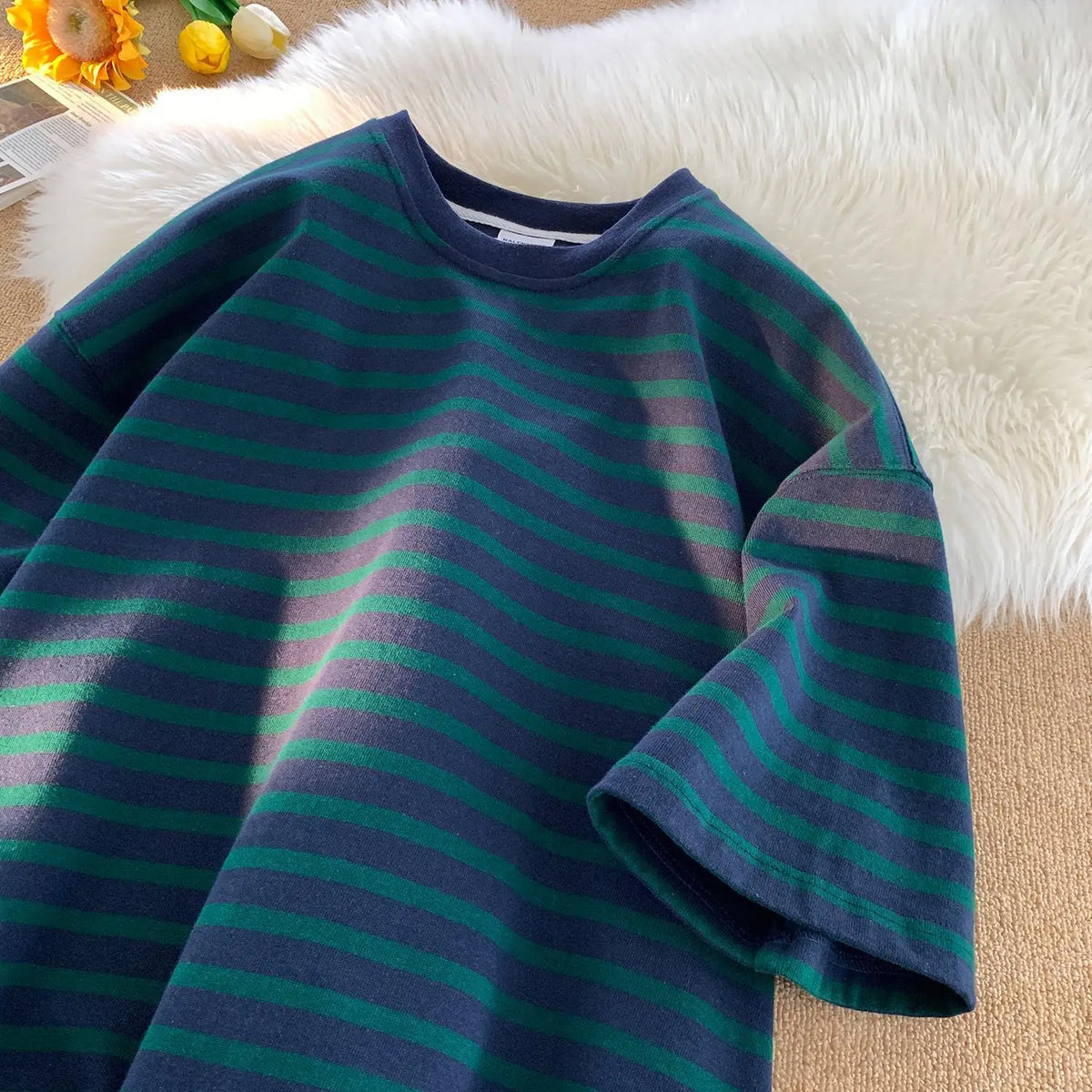 Japanese Striped Contrasting Color Short-Sleeved T-Shirt Men's Summer Pure Cotton 280g Heavy Loose Half-Sleeved T-Shirt Street King Limited