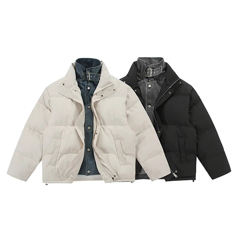 Winter Splice Denim Cotton-padded Jacket Men Women Stand Collar Fashion Loose Casual Thicken Warm Parkas Jacket Boyfriend Coat Street King Limited
