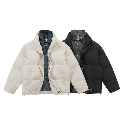 Winter Splice Denim Cotton-padded Jacket Men Women Stand Collar Fashion Loose Casual Thicken Warm Parkas Jacket Boyfriend Coat Street King Limited