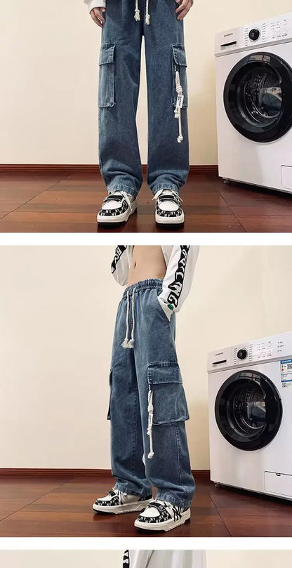 american retro and personalized straight leg jeans for men and women with hiphop big pocket design work pants loose casual pants unique jeans style 758