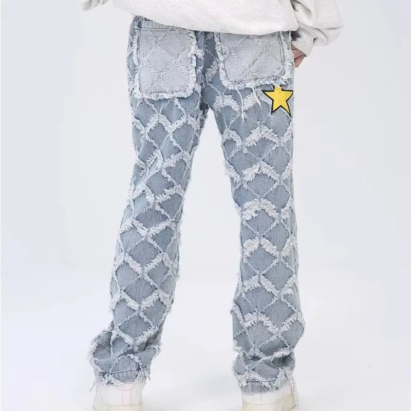 Y2K Star Embroidery Plaid Stacked Jeans Pants for Men Straight Women Hip Hop Denim Trousers Pantalon Homme Street Raw Edge Pant Street King Limited