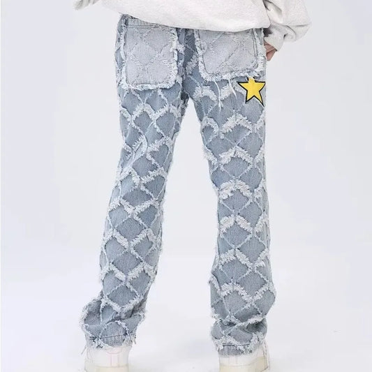 Y2K Star Embroidery Plaid Stacked Jeans Pants for Men Straight Women Hip Hop Denim Trousers Pantalon Homme Street Raw Edge Pant Street King Limited