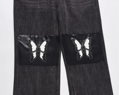retro pu leather butterfly embroidery black jeans for men straight patchwork casual baggy denim pants loose jean trousers stacked flare jeans