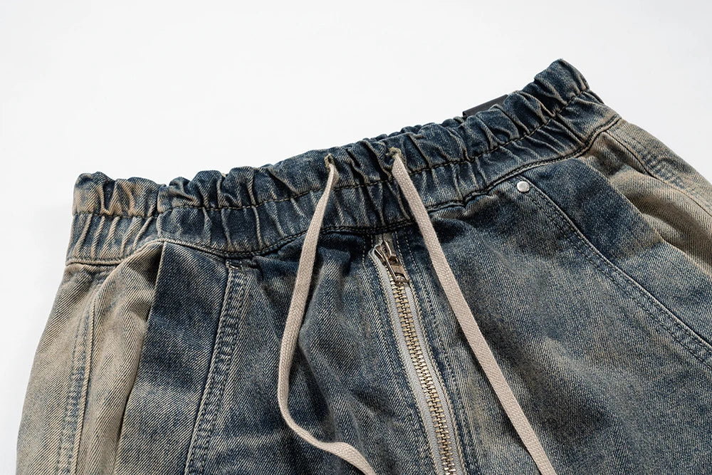 RO Style Gradient Ribbons Multi-pockets Drawstring Jeans for Men Harajuku Streetwear Baggy Y2K Denim Trousers Oversized Cargos Street King Limited