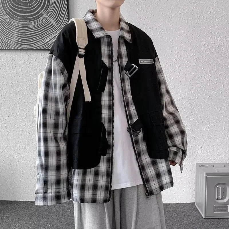 Streetwear New Fake Two Piece Zip Plaid Cargo Shirts Mens Japanese Streetwear Fas 2024 New Fake Two Piece Zip Plaid Cargo Shirts Mens Japanese Streetwear Fashion Social Shirt Autumn Long Sleeve Baggy Y2K Shirt Fashion Sweater Jacket With Graphic Design For Men