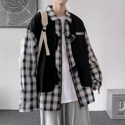 Streetwear New Fake Two Piece Zip Plaid Cargo Shirts Mens Japanese Streetwear Fas 2024 New Fake Two Piece Zip Plaid Cargo Shirts Mens Japanese Streetwear Fashion Social Shirt Autumn Long Sleeve Baggy Y2K Shirt Fashion Sweater Jacket With Graphic Design For Men