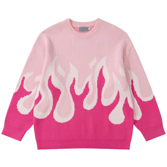 Hip Hop Fire Knitted Oversized Sweater Men Autumn Winter O-neck Long Sleeve Pullover Streetwear New Loose Tops Sweaters Clothing Street King Limited