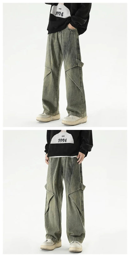 2024 new hip hop wide leg jeans for men washed distressed baggy denim trousers high street deconstruction cargo jean y2k pants unique cargo style 442