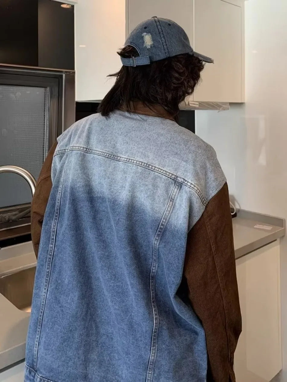 mens patchwork denim jacket spring trend korean retro college lapel color blocked couple coats 2024 high street cowboy cardigan unique jeans style 3377
