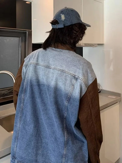 mens patchwork denim jacket spring trend korean retro college lapel color blocked couple coats 2024 high street cowboy cardigan unique jeans style 3377