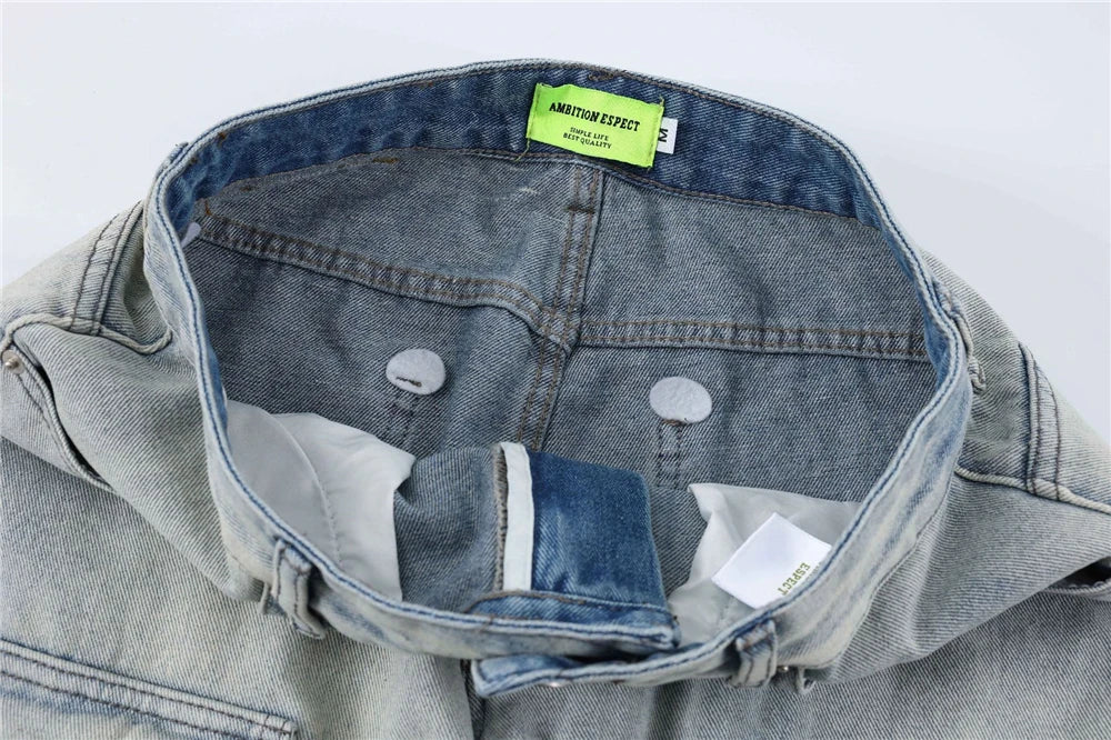 2024 multi pocket jeans vintage mens harajuku cargo denim pants retro hip hop straight loose jean pants unique cargo style 1015