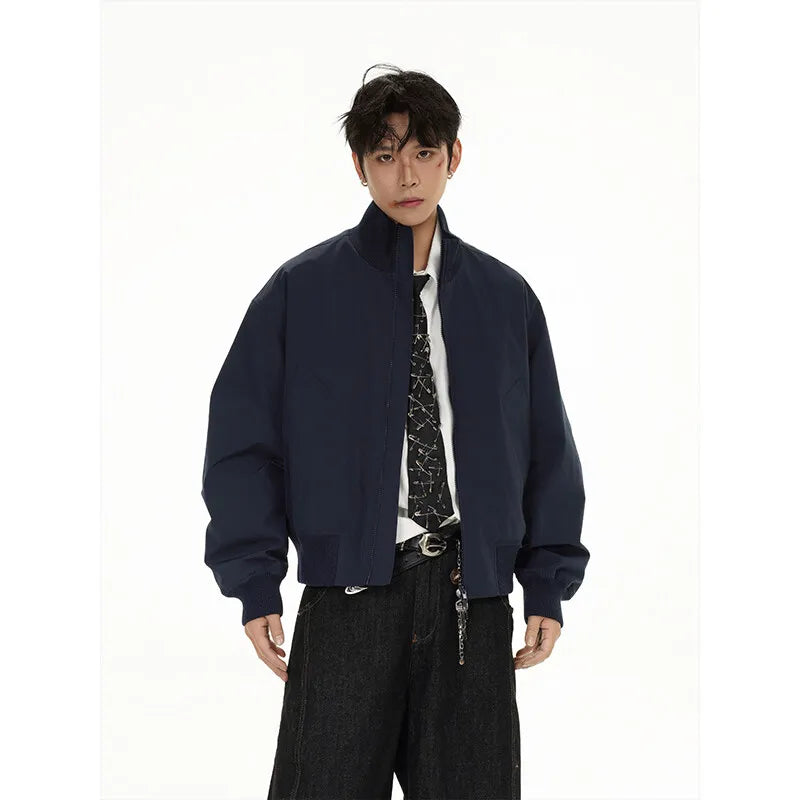 short design stand collar bomber jacket men korean streetwear fashion loose casual vintage bomber jacket coat cityboy outerwear techwear shorts