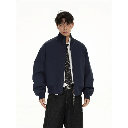 short design stand collar bomber jacket men korean streetwear fashion loose casual vintage bomber jacket coat cityboy outerwear techwear shorts