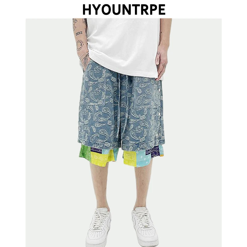 hip hop loose shorts elastic waist pants fashion patchwork half pant mens summer casual drewstring streetwear sportswear jogger sporty tapered joggers