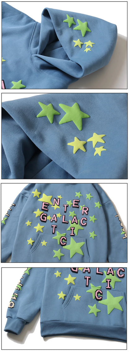 High Street Letter Foam Stars Print Men's and Women's Fleece Hoodie Retro Autumn and Winter Casual Pullover Hooded Sweatshirts Street King Limited