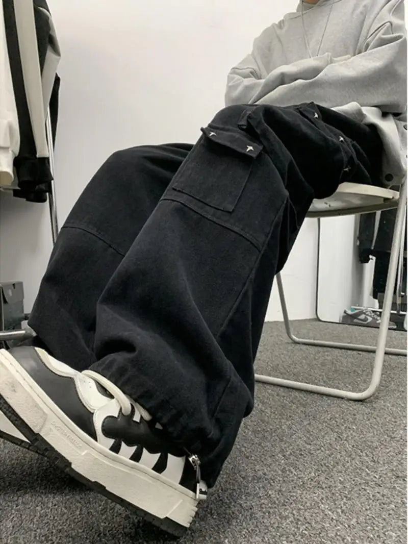 american hip hop large pocket workwear pants for men and women in autumn trend loose fitting straight leg casual wide leg pants minimalist street pants