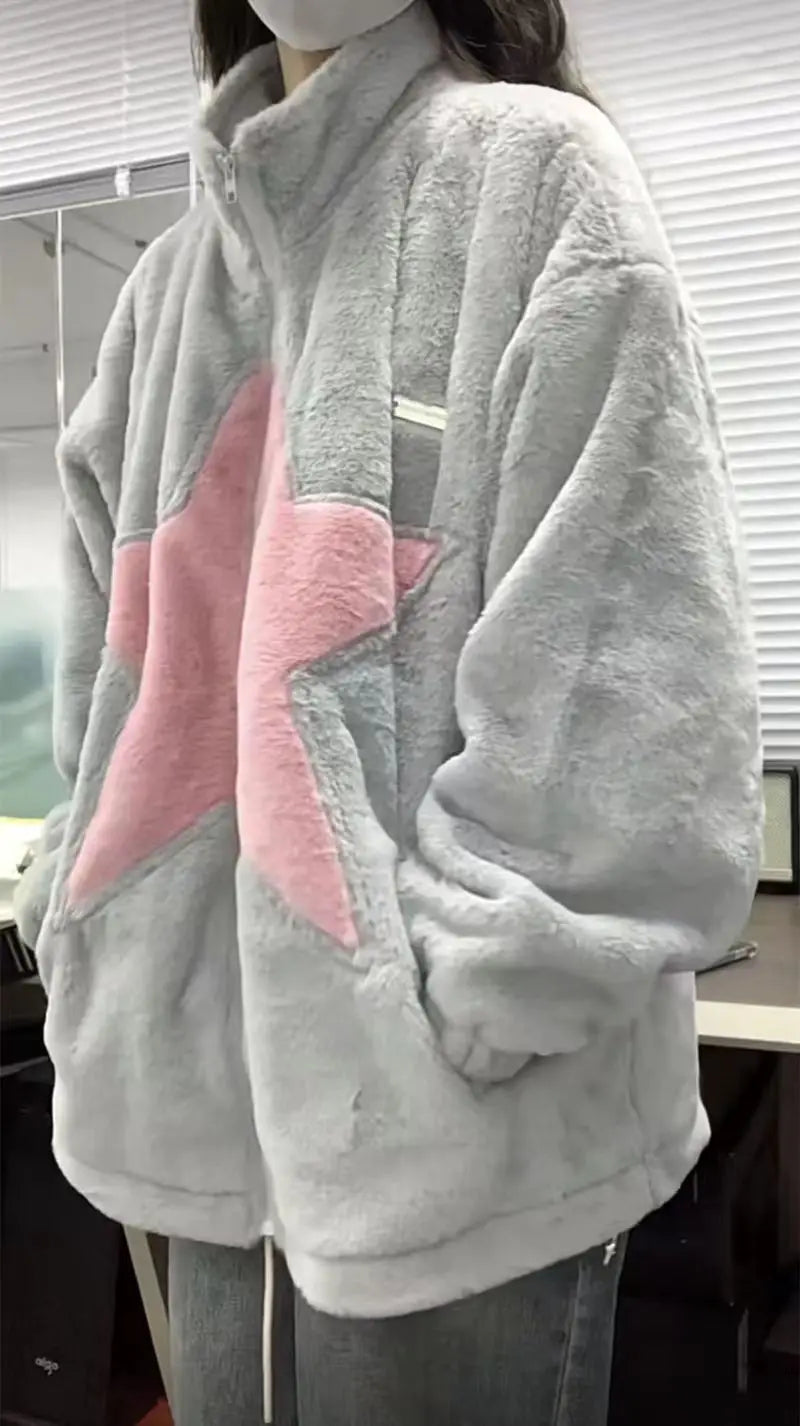 High Quality Plush Coat Pink Stars Zip Sweater Autumn Winter Jacket Women Warm Casual Slouchy Style Y2k Top Korean Fashion Coats Street King Limited
