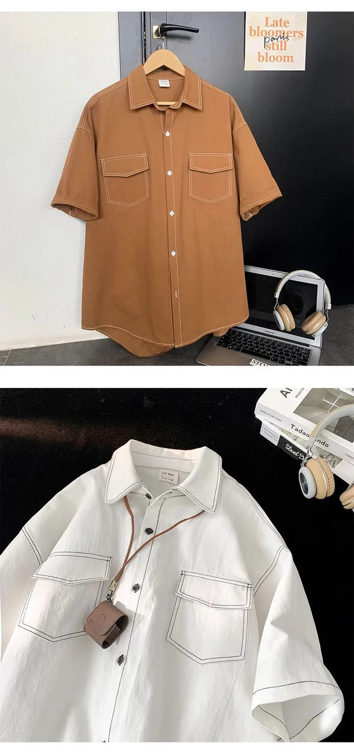 Retro trendy and personalized unisex style short sleeved men and women summer Korean street loose lapel couple work top y2k Street King Limited