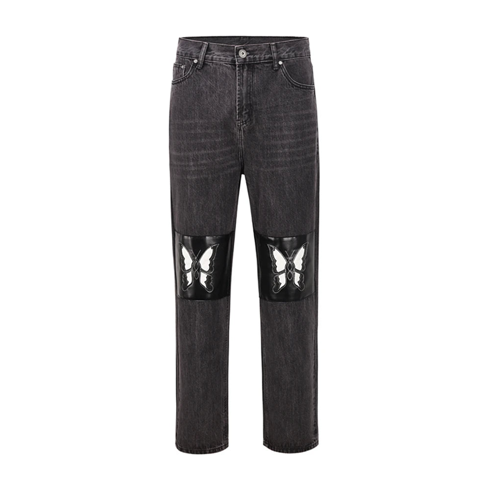 retro pu leather butterfly embroidery black jeans for men straight patchwork casual baggy denim pants loose jean trousers denim street jeans