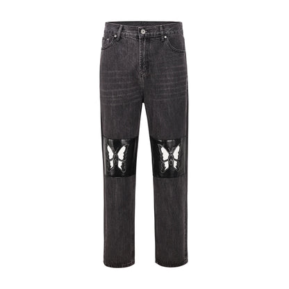 retro pu leather butterfly embroidery black jeans for men straight patchwork casual baggy denim pants loose jean trousers denim street jeans