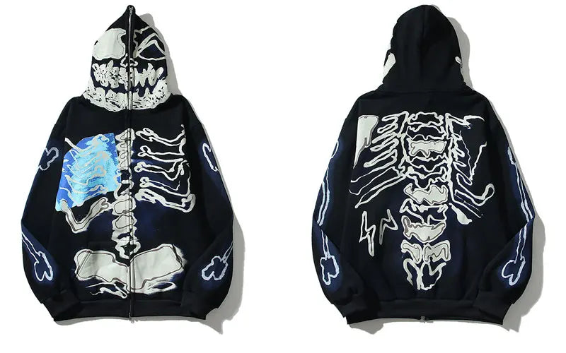 Mens Hip Hop Hoodie Jacket Fashion Y2K Skull Printed Full Zip Hooded Fleece Sweashirts Harajuku Casual Punk Streetwear Hoodies Street King Limited