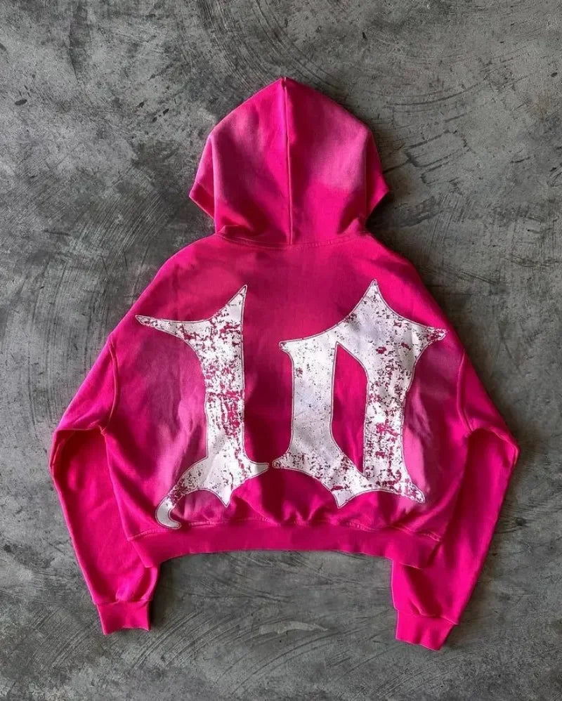 gothic cartoon embroidered letters pink loose hoodie sweatshirt 2 piece sets womens outfits streetwear zipper hoodie y2k clothes unique default style 1933
