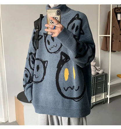 Korean literature art turtleneck sweater men autumn winter lazy style knitted sweater cartoon devil print wool clothes pullovers Street King Limited