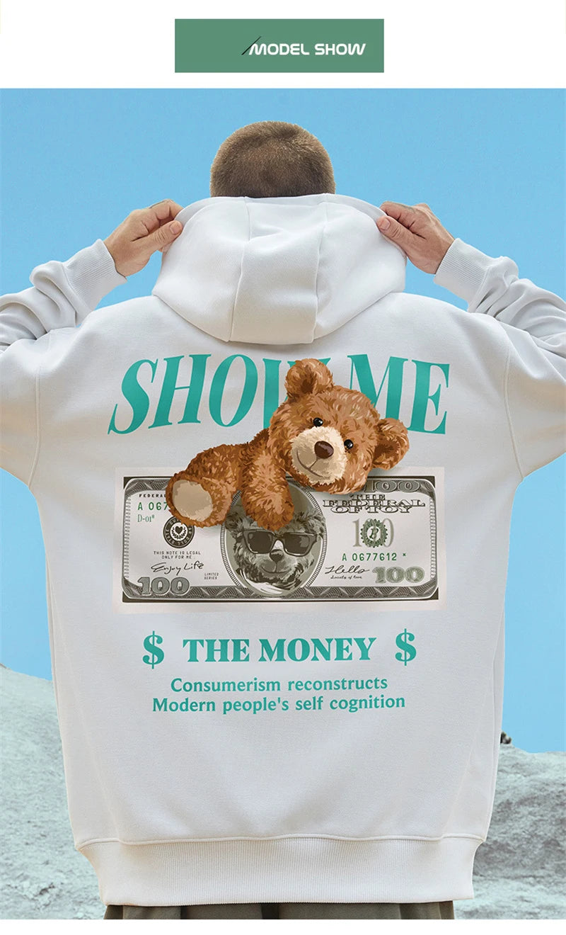 Money Bear Print Fleece Hoodies For Men Autumn Hip Hop Hooded Sweatshirts Unisex Pullovers Streetwear y2k Hoodie Tracksuit Homme Street King Limited