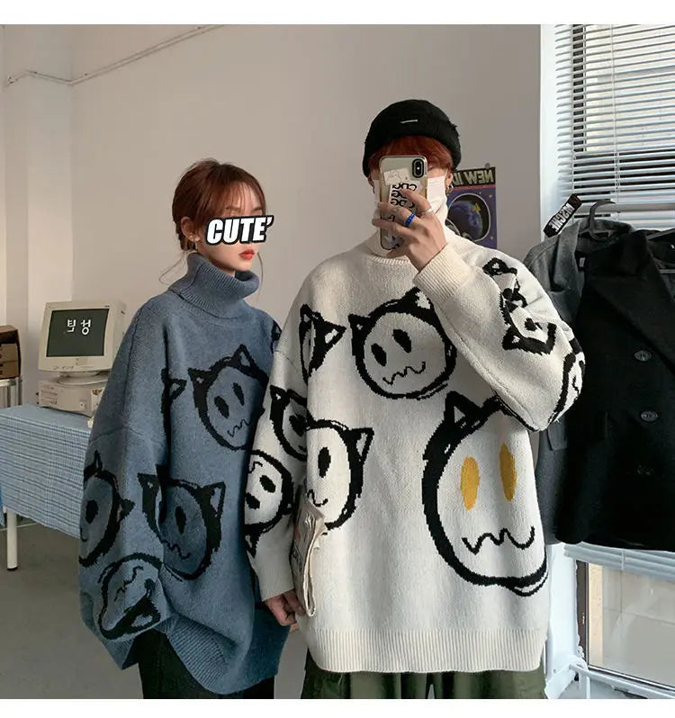 Korean literature art turtleneck sweater men autumn winter lazy style knitted sweater cartoon devil print wool clothes pullovers Street King Limited