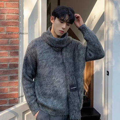 Autumn Warm Sweater Mens Korean Street Simplicity Round Neck Pullover+Solid Color Scarf Two-piece Set Casual Knitted Tops Trend Street King Limited