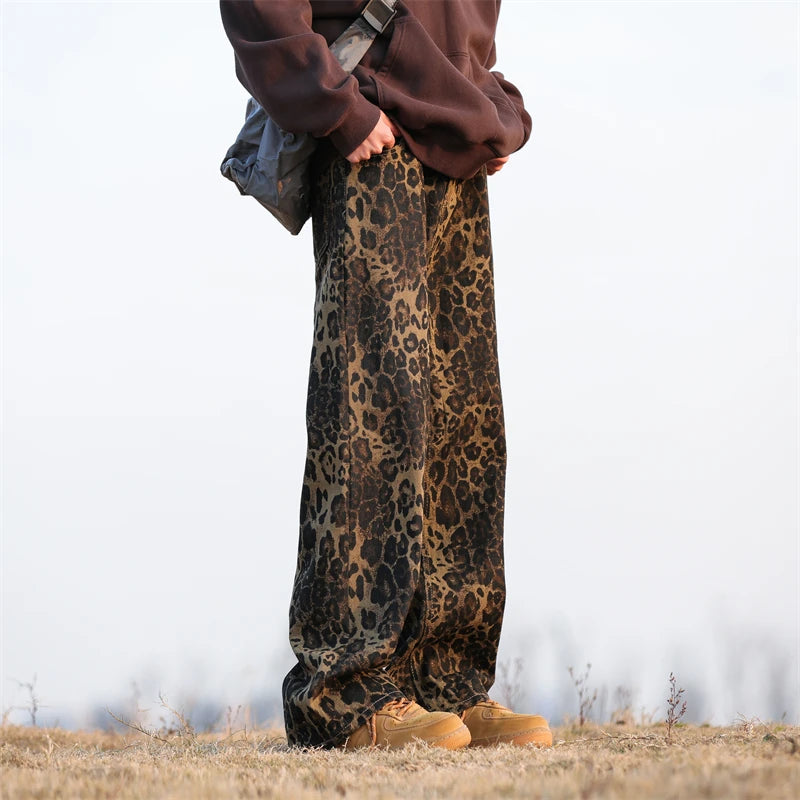 Leopard Print Jeans Men Fashion Retro Wide Leg Jeans Men Streetwear Hip-hop Loose Straight Jeans Mens Vintage Denim Trousers Street King Limited