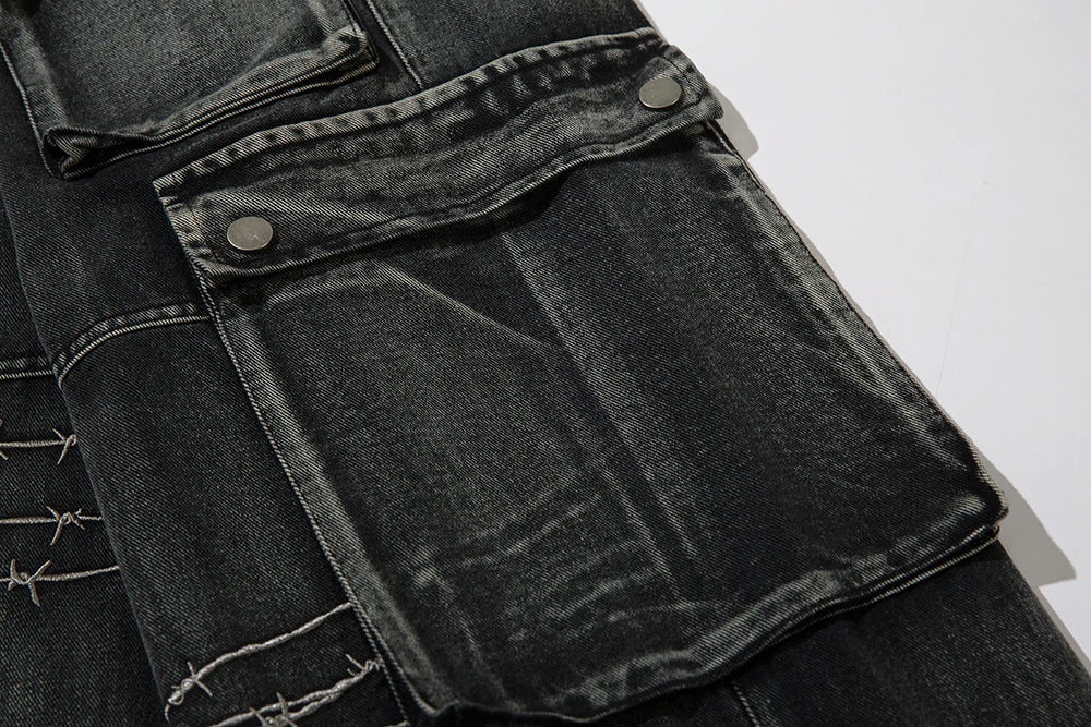 multi pockets embroidery washed baggy jeans for men and women straight ropa hombre casual cargo pants oversized denim trousers unique cargo style 4303