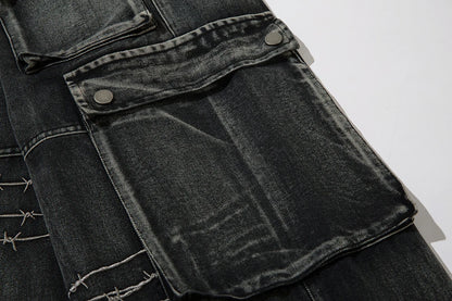 multi pockets embroidery washed baggy jeans for men and women straight ropa hombre casual cargo pants oversized denim trousers unique cargo style 4303