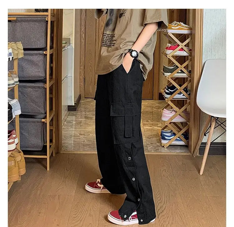 Fashionable Korean style gothic buttoned overalls pants men summer Harajuku street y2k hip hop casual retro sports pants Street King Limited
