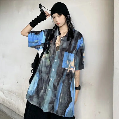 Korean style shirts for men and women 2024 new summer design niche retro tie-dye shirts loose short-sleeved tops trendy y2k tops Street King Limited
