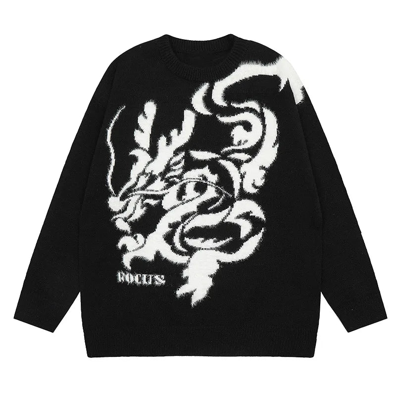 Men's Chinese Dragon Print Sweater New Year Limited Knitted Jumper Winter Oversized Thickened Warm Pullover Soft O-Neck Sweater Street King Limited