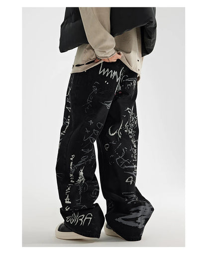 fashion graffiti printed denim jeans men unisex casual zipper wide legs straight jeans streetwear hip hop baggy pants joggers unique joggers style 4074