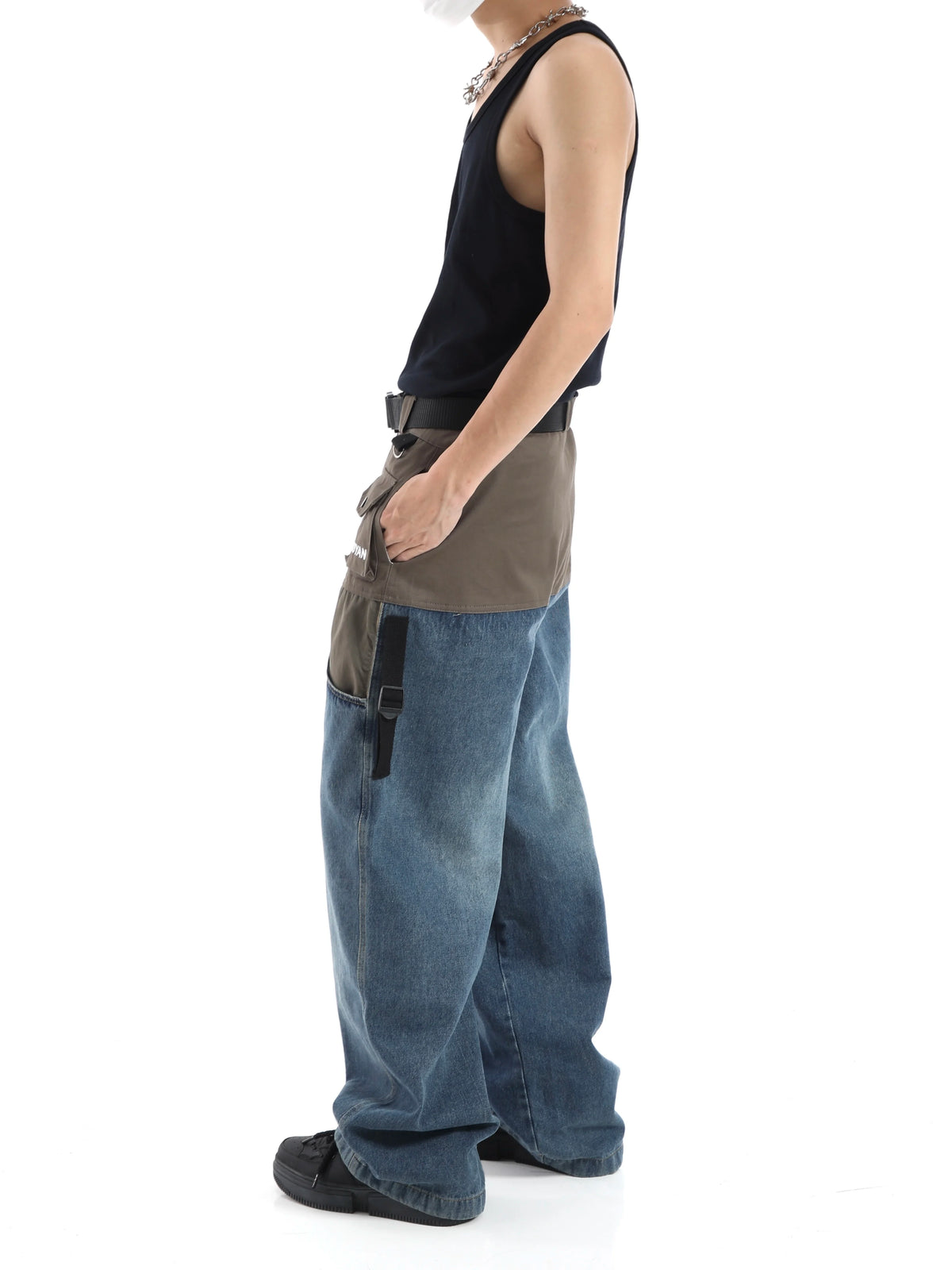 high street cargo pocket patchwork denim jeans pants unisex fashion loose wide leg straight functional tactics pants joggers men unique joggers style 740