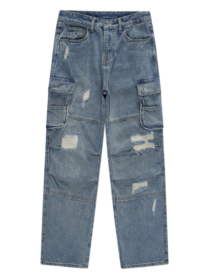 mens baggy jeans side big pocket distressed ripped denim jean straight pants high street cargo jean pants hip hop joggers jeans streetwear sweatpants