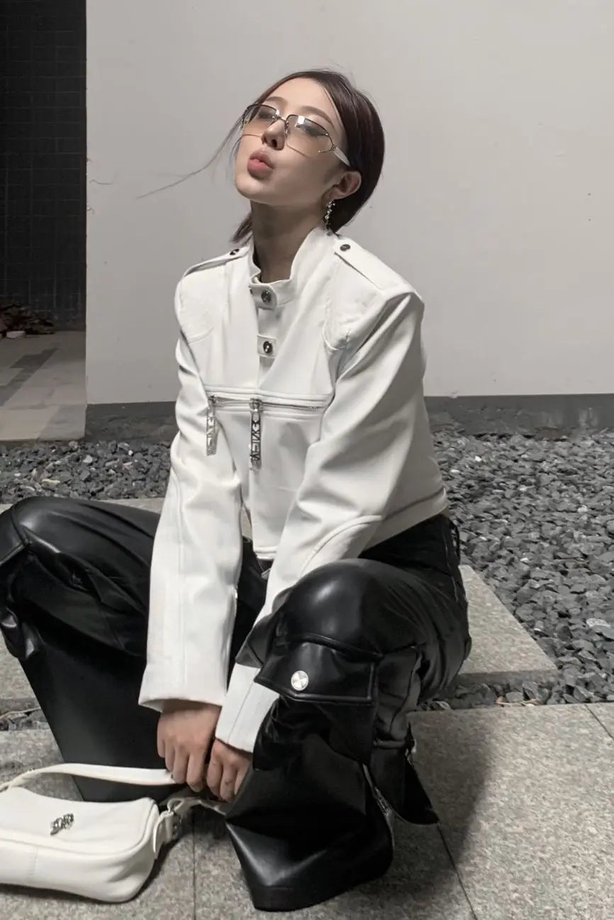european and american heavy industry multi zipper design spider web shoulder pad leather jacket for women 2024 new jacket top unique default style 1568