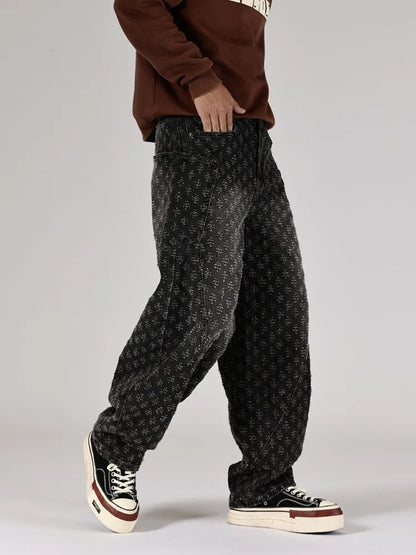 men brand fashion loose casual splice pocket jacquard vintage wide leg baggy jeans cityboy denim baggy jeans pants trousers unique jeans style 2862