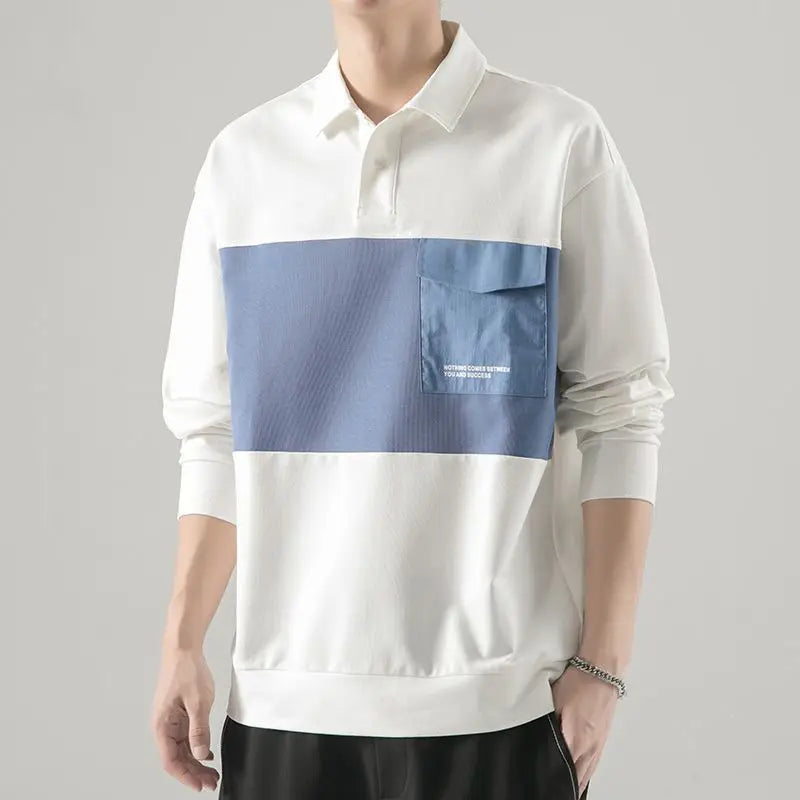 New polo shirt men's contrast color lapel spliced long sleeve t-shirt japanese large size loose sweatshirt bottoming shirt tops Street King Limited