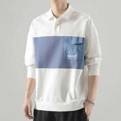 New polo shirt men's contrast color lapel spliced long sleeve t-shirt japanese large size loose sweatshirt bottoming shirt tops Street King Limited