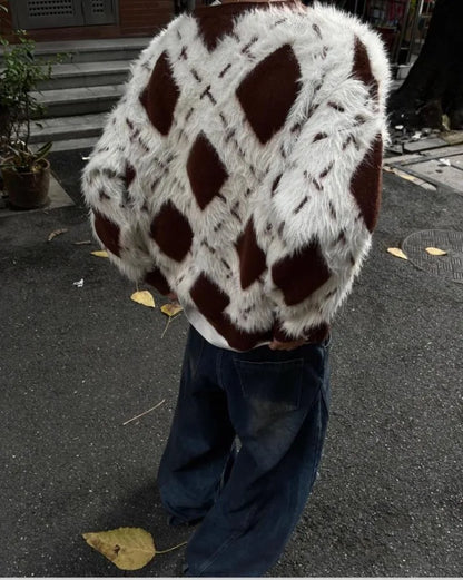 2024 New College Casual Mens Cardigan Autumn Diamond Grid Color Block Street Unisex Knitted Jacket Loose V-neck Sweater Coats Street King Limited